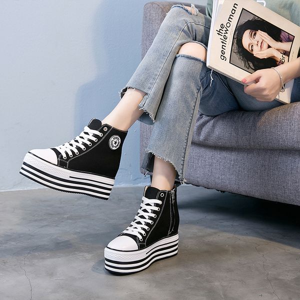 

canvas casual shoes women's elevator thick bottomed high shoes lace-up side zipper versatile women's thin, Black