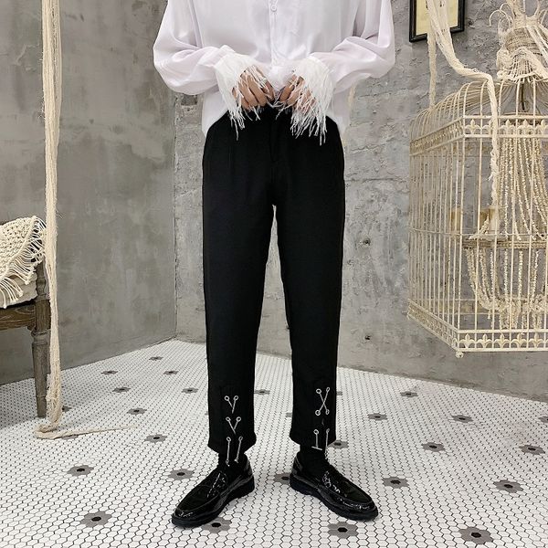 

new men chain fashion casual slim fit pant fashion show trousers male streetwear vintage style clothes, Black