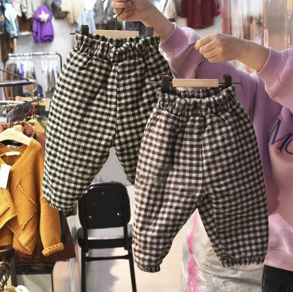 

2019 korea style girls boys plaid thicken pants winter fashion kids pants 1-7t, Blue