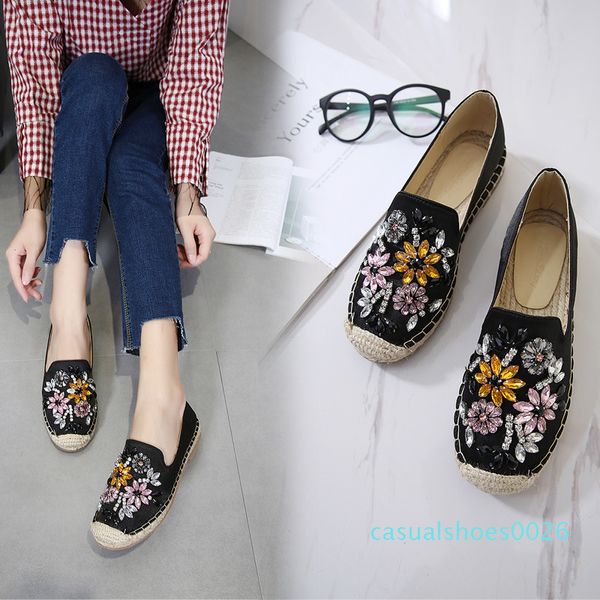 

bling luxury crystal flat heel mules glitter mixed colors flowers loafers knitted fisherman lazy shoes cozy platform flats c26, Black