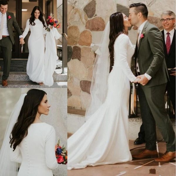 

simple satin mermaid wedding dresses country style jewel neck long sleeves court train wedding dress bridal gowns vestidos de noiva, White