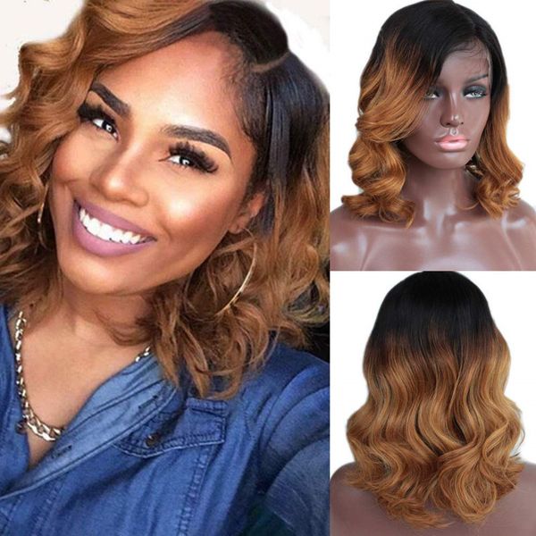 

Short Bob Brazilian Virgin Human Hair Wigs Ombre Two Tone Blonde Color Body Wave Lace Front Wig Full Lace Human Hair Glueless, Ombre color