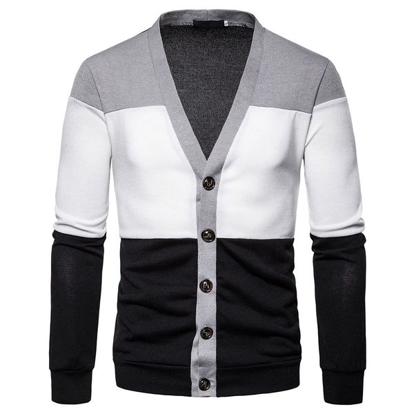 

2019 men's patchwork knitted sweater male fashion deep v neck autumn cardigan casual daily buttons slim pullover outwears, White;black