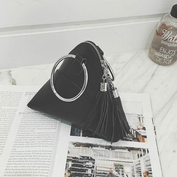 

designer-dumplings bag women's handbag mini tassel bag triangular women bags pu(black