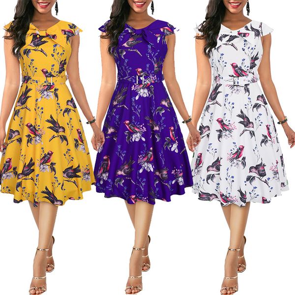 

spring and summer 2019 new women's dresses european and american printed one-character shoulder peng skirt retro-ancient style 50s dres, Black;gray