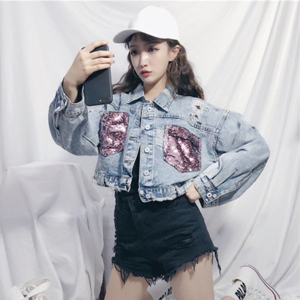 

harajuku sequin denim jacket women 2019 autumn turn-down collar jean jacket coat streetwear pockets short jackets female outwear, Black;brown