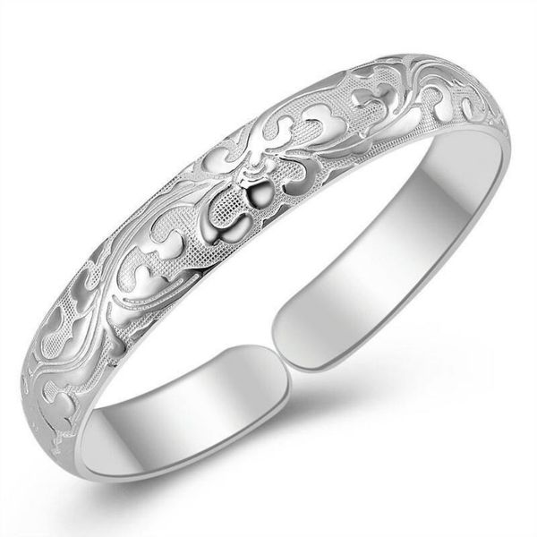 

fashion romantic silver plated rose cherry flower carve chain cuff bangle bracelet for women simple gift 925 caved jewelry, Black