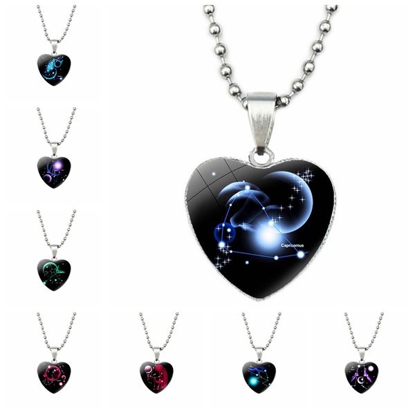 Novos 12 Constellations Pingente Colares para Mulheres Lady Meninas Homens de Metal Coração Design Coração Zodíaco Camisola De Moda Jóias Prata Beads Chain