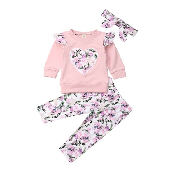 

1-4years toddler baby girls flower long sleeve pant headband autumn clothes sets, White