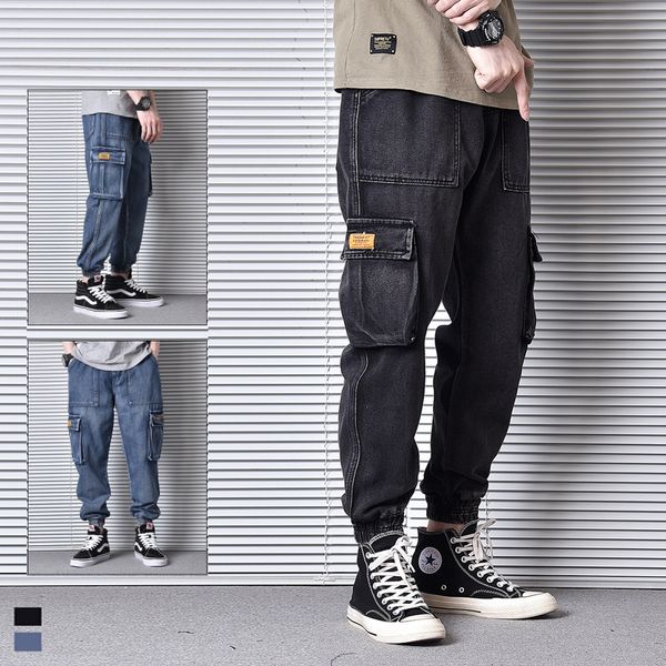 

fashion streetwear men jeans loose fit big pockets denim cargo pants japanese vintage designer hip hop jeans men joggers pants, Blue