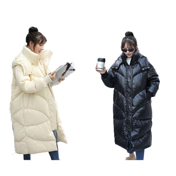 

женщины зимняя хлопчатобумажная одежда плюс размер новый свободный давно толстый над коленом с капюшоном корейской молнии мода теплые женски, Black