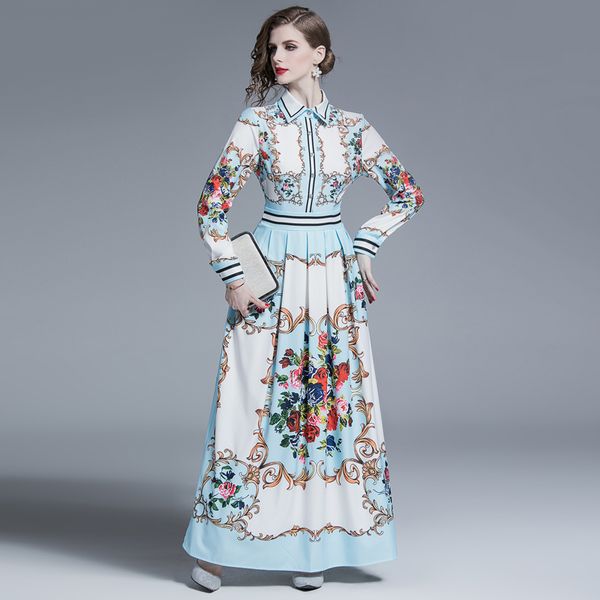 

selling luxury vintage printed dress spring fall runway women's classic court-style shirt dress office lady business party prom dresses, Black;gray