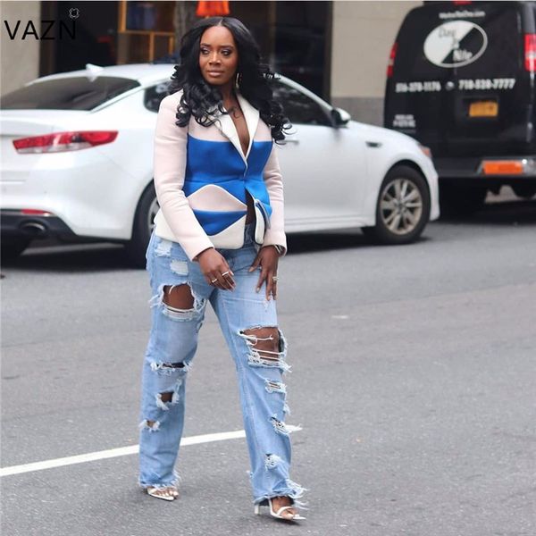 

vazn osm5304 new product 2019 summer lady blue long jeans button skinny hole jeans lady mid waist daily new