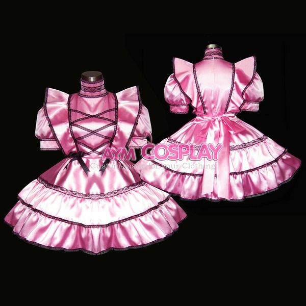 

pre-made us size 22 - lockable pink satin sissy maid mini dress, Black;red