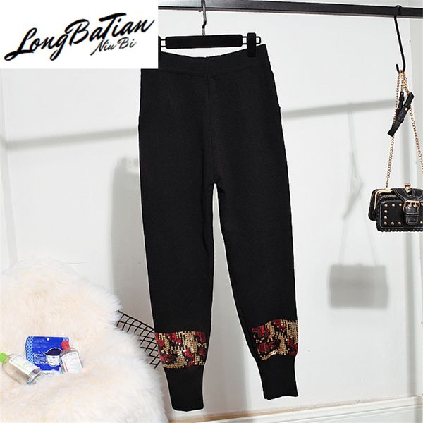 

sequins knitted female sleeve sweater knitting long pants 2pc set women casual loose tracksuit knit two piece outfits, White