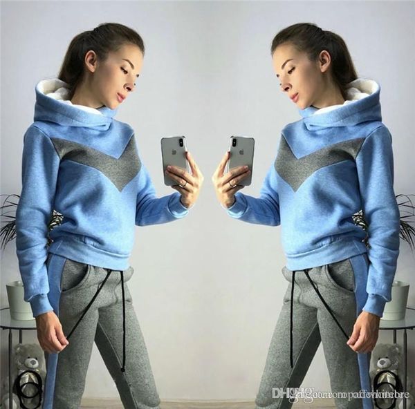 

winter panelled womens 2pcs sports sets long sleeve hooded sweatshirts ladies two piece sets female clothing, White