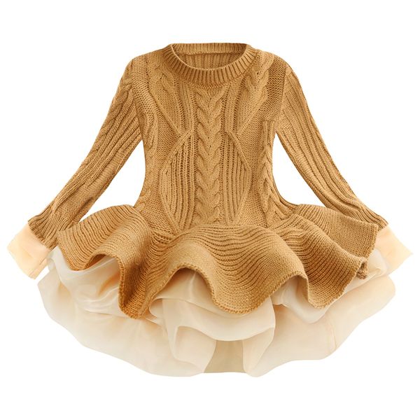 

winter thick warm girl christmas dress wedding party dresses knitted chiffon solid girls sweater dress children clothing, Red;yellow