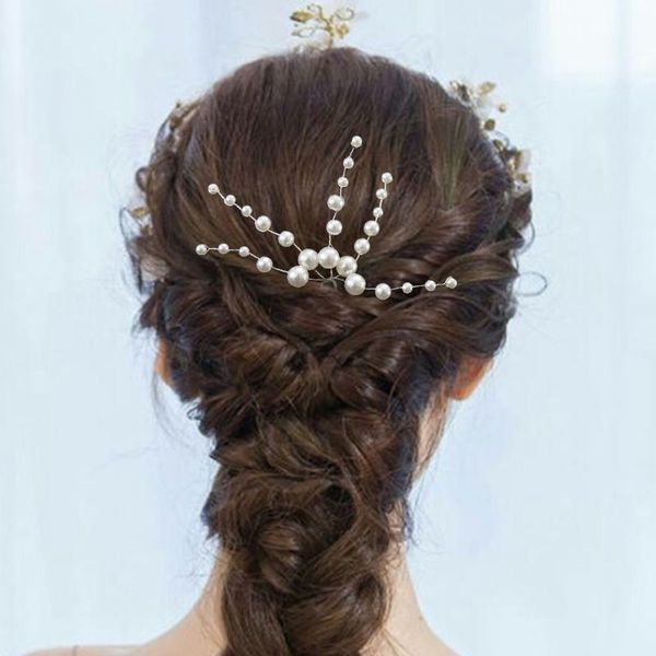 

wedding hair pins imitation pearl branch bridal bridesmaid jewelry u-shaped clips bun vintage decor barrettes headpiece, Golden;white