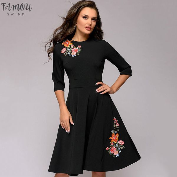 

women's 2020 fashion appliques a-line dress spring autumn elegant slim black dress 3/4 sleeve o-neck vintage vestidos, Black;gray