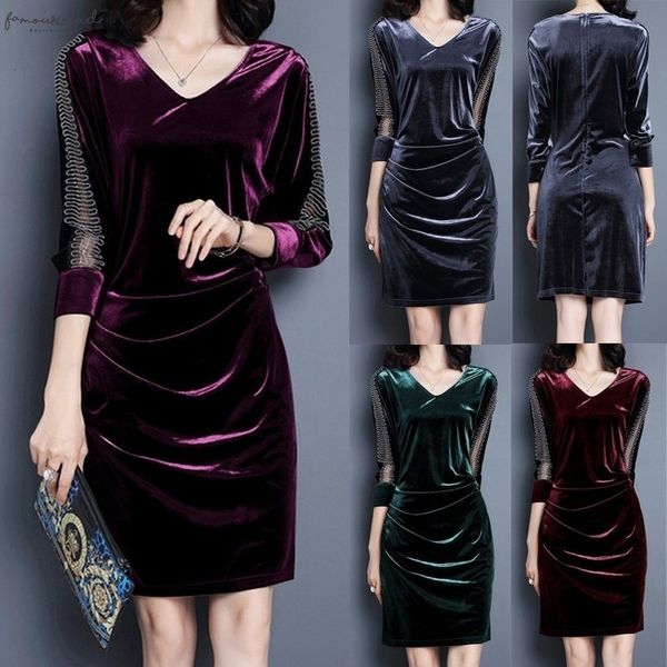 

elegant knee length dress winter dress women autumn velvet splicing knee length half sleeve dress ropa mujer vestidos sukienki robe femme, Black;gray