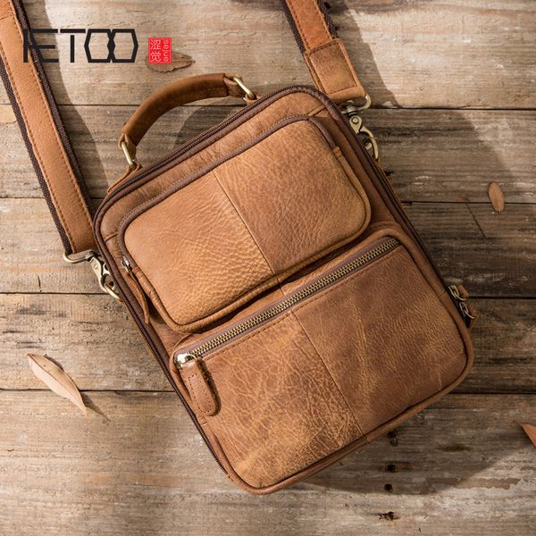

aetoo original retro leather men's matte leather casual shoulder messenger bag vertical section crazy horse skin men bag handbag