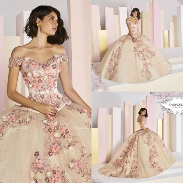 

ball gown quinceanera dresses off the shoulder 3d floral appliqued sweet 16 dress lace sweep train girls masquerade gowns, Blue;red