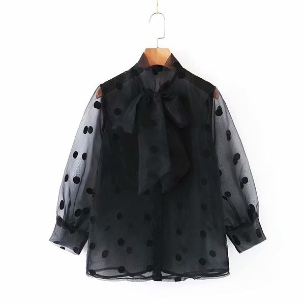 

women black patchwork dot blouse transparent bow tie collar three quarter sleeve shirt, White