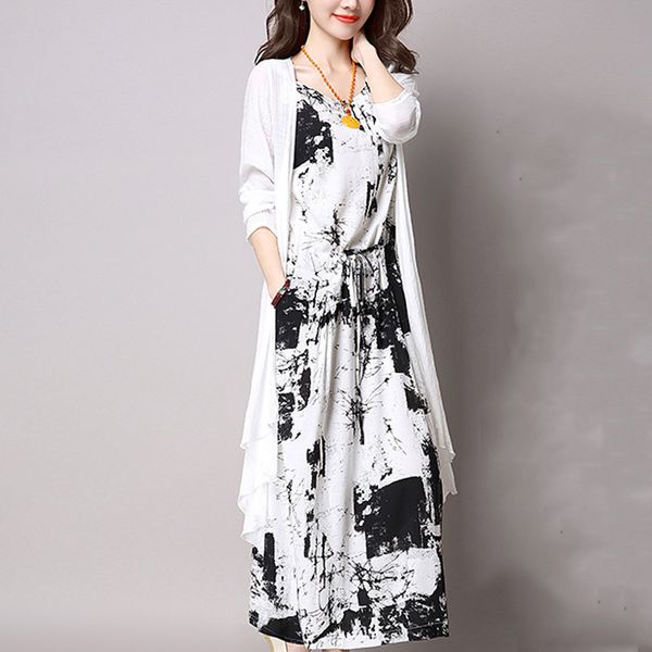 

summer casual women 2 piece dress and long cardigan set fashion vintage outfits female clothing plus size vestidos oversize, White