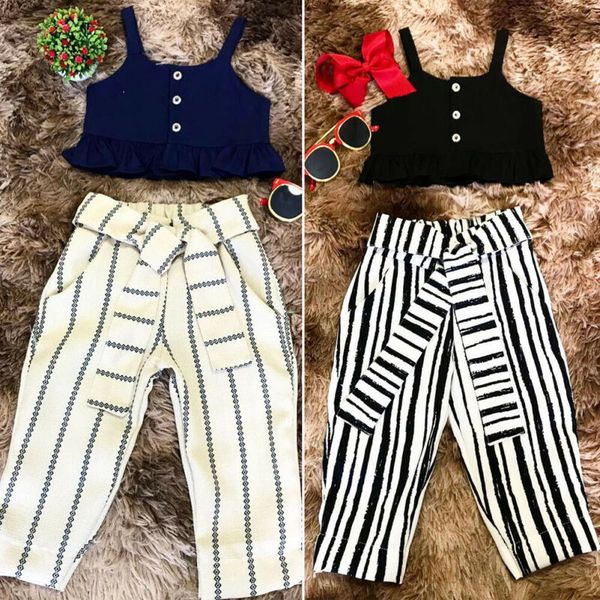 

toddler kid baby girl ruffle sleeveless sling long striped pants 2pcs summer casual fashion holiday party outfit clothes, White