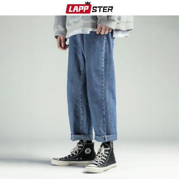 

lappster men korean fashions blue jeans 2020 mens harajuku straight harem pants oversized cotton black denim pants
