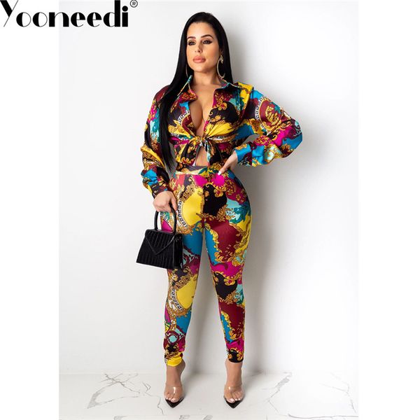

yooneedi 2020 new arrival 2pcs women set color print turn-down collar blouse long pants yc1956, White
