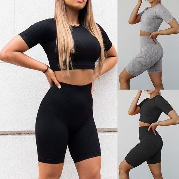 

бесшовные йога набор женщин с коротким рукавом gym одежда дышащий высокой талией спортивная полосатый вязание outfit gym wear йога костюм, White;red