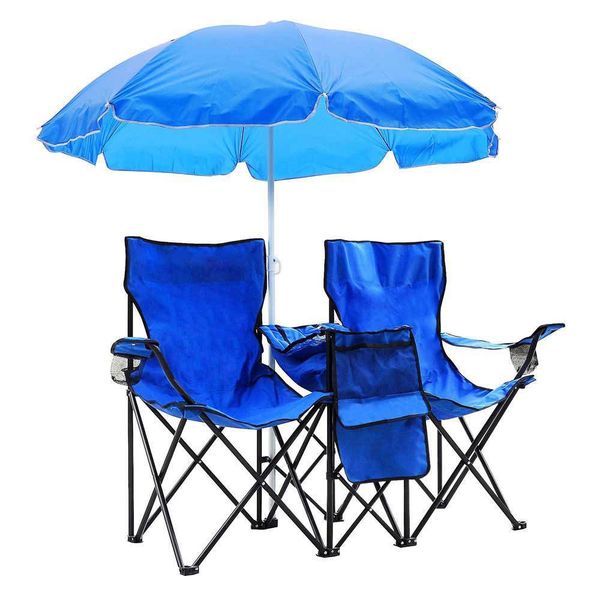 

portable outdoor 2-seat folding chair with removable sun umbrella blue