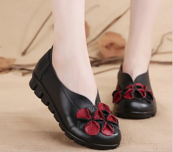 

new style spring autumn flower design round toe mix color flat shoes vintage genuine leather women flats girls loafers shoes, Black