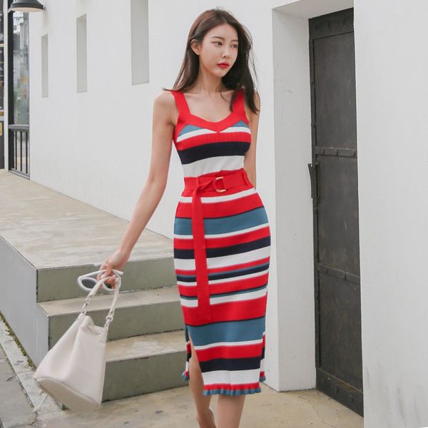 

fashion striped knitted sweater womens suits 2020 summer 2 piece set spaghetti strap and skirts ladies office knit suits, White