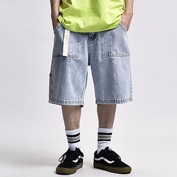 

men's jeans belt pants multi-pocket denim shorts men summer streetwear baggy short knee-length fashion half, Blue
