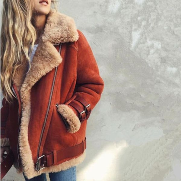 

женские овечки шерстяное пальто авиатор кожаная куртка зима толстые женщины отворотом меховое пальто топы, Black;brown