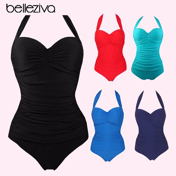 

belleziva women plus size swimsuit slimming female retro beach one piece swimsuit swimwear body suit halter fashion monokini, White;black