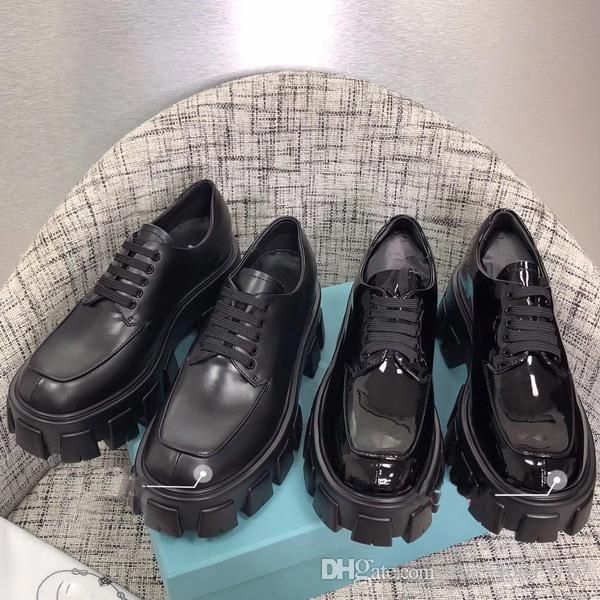 

new arrival 2019 fashion designer women shoes fashion british shoes round toe martin shoes patent leather thick bottom round toes with box, Black