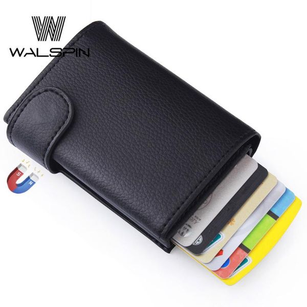

business slim wallet pu leather aluminum mini card holder automatic up id coin keys trifold purse rfid blocking, Red;black