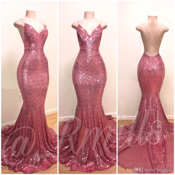 

bling bling блестки розово-розовые длинные платья выпускного вечера русалки 2019 sexy deep v-образным вырезом крест-накрест назад длинные ве, Black