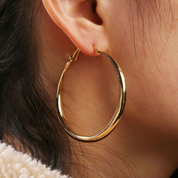 

50mm classic gold color thick circle round earrings for women girls smooth creoles big hoop earrings wedding party jewelry gift, Golden;silver