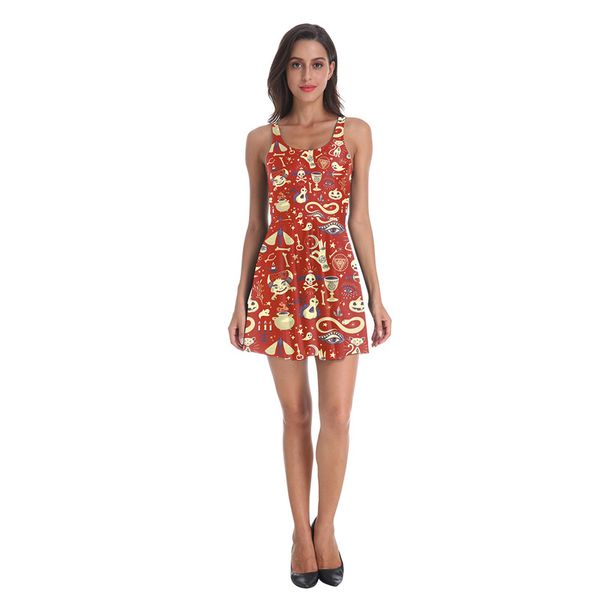 

хэллоуин череп печати женщин платья экипаж шеи уличная повседневная платья дизайнер лето леди без рукавов мини-платье, Black;gray