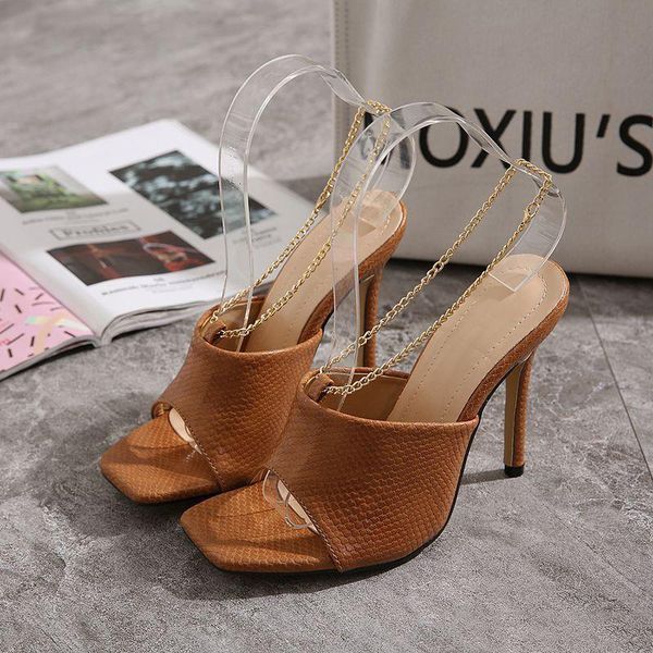 

high heels square head sandals women snake print leather peep toe shoes design metal chain slip on slipper plus size 41, Black