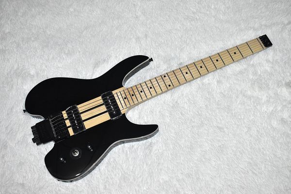 

factory custom headless black electric guitar with neck-thru-body,maple neck,black hardware,p90 pickups,22 frets,can be customized
