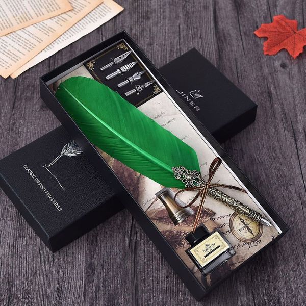 

vintage handmade feather quill dip fountain pen with ink nibs english calligraphy writing stationery wedding gift nov.8