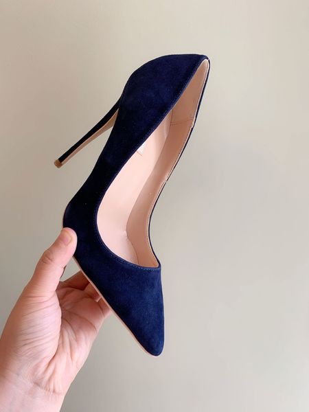 

casual designer lady fashion women navy blue suede leather pumps pointed toe high heels woman shoes 12cm 10cm big size 44 lll, Black