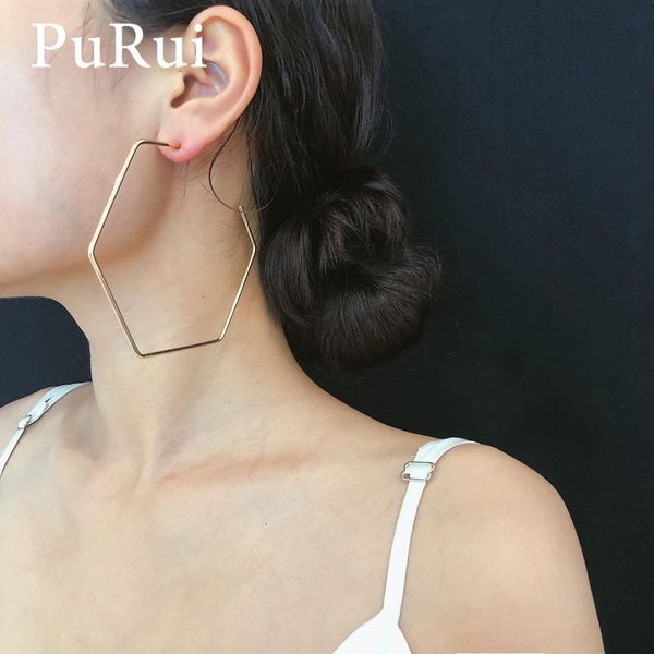 

purui big hexagon hoop earrings for women simple design large geometric hollow earrings statement dangle punk jewelry, Silver