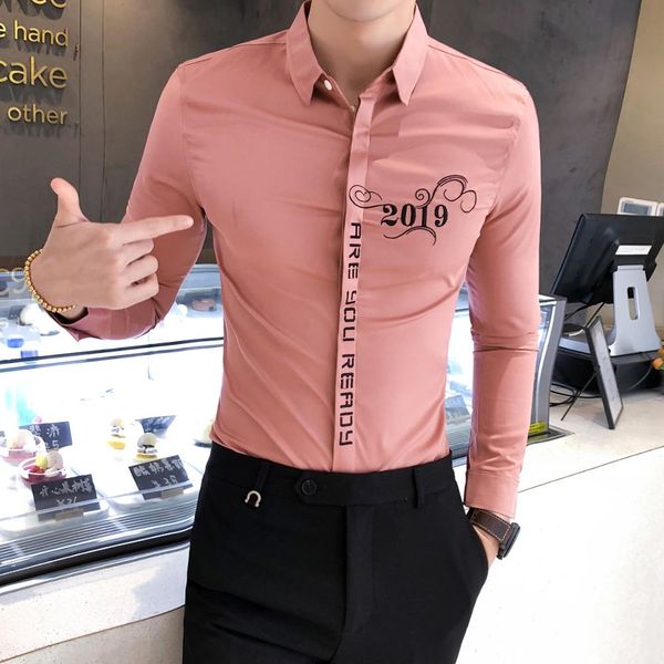 

fashion 2019 autumn shirt men formal wear business men social shirts dress long sleeve letter embroidery night club party wear, White;black