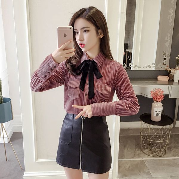 

2019 new autumn women shirts bow full sleevelt pleue blouse shirt red blue 1932, White